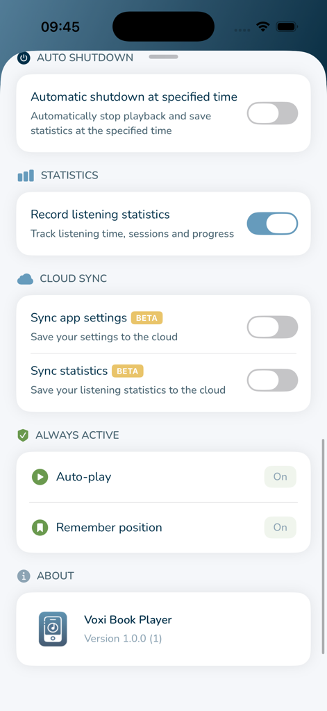 Voxi Book Player - Settings screen of the Voxi Book Player app showing auto shutdown statistics and cloud sync options