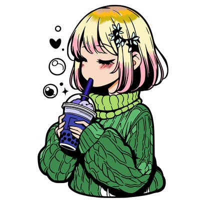 manga girl drinking boba in cozy sweater