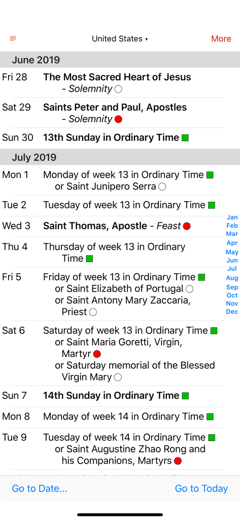Uno screenshot dell'app Universalis che mostra il calendario liturgico cattolico per gli Stati Uniti con specifiche feste e solennità.