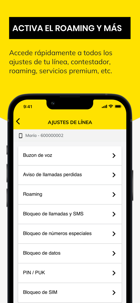 Interfaz de la aplicación MÁSMÓVIL mostrando la configuración de línea para roaming, buzón de voz y bloqueo de llamadas en un iPhone.