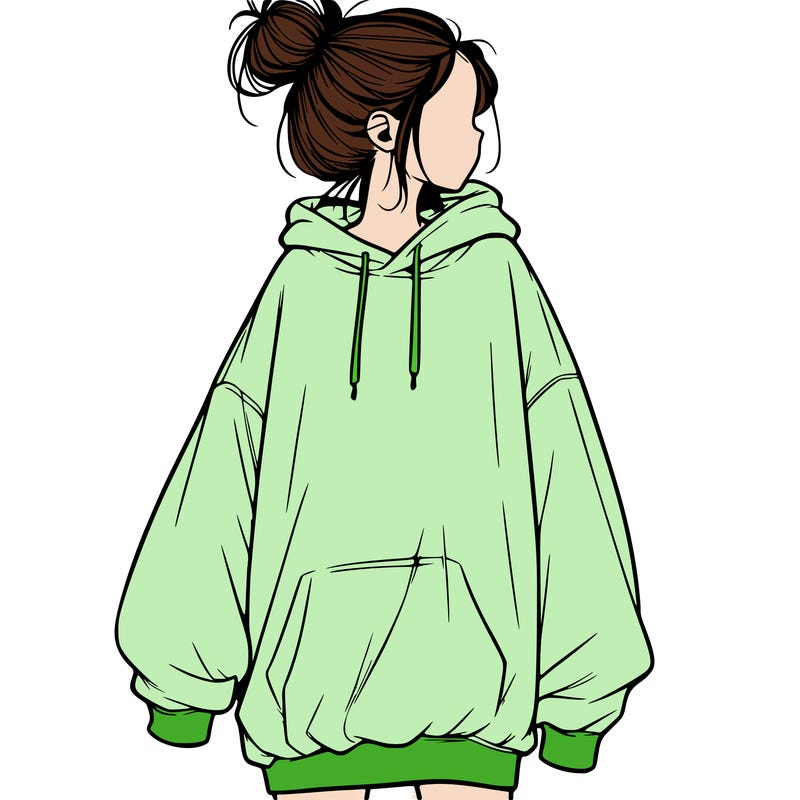 realistic girl with a oversized sweatshirt on and a bun