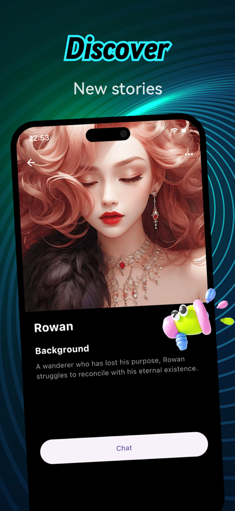 Lulive - Mobile app interface showing a character profile named Rowan in the Lulive discover section with a chat button.