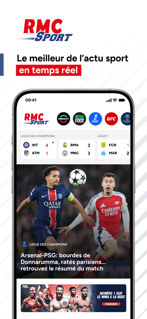 RMC Sport News, score en live - RMC Sport News app home screen showing live soccer scores and sports news articles