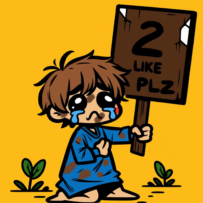 small poor toddler crying with sign that says 2 like plz