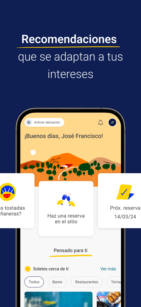 Interfaz de la aplicación móvil Guía Repsol que muestra recomendaciones de restaurantes personalizadas y gestión de reservas.