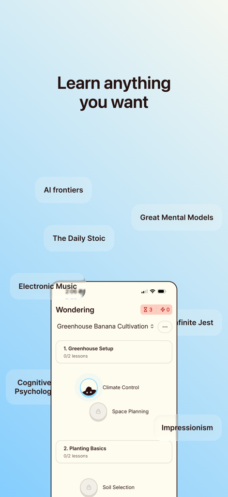 Interface of the Wondering app showing a personalized learning roadmap for Greenhouse Banana Cultivation with floating topics like AI and Cognitive Psychology