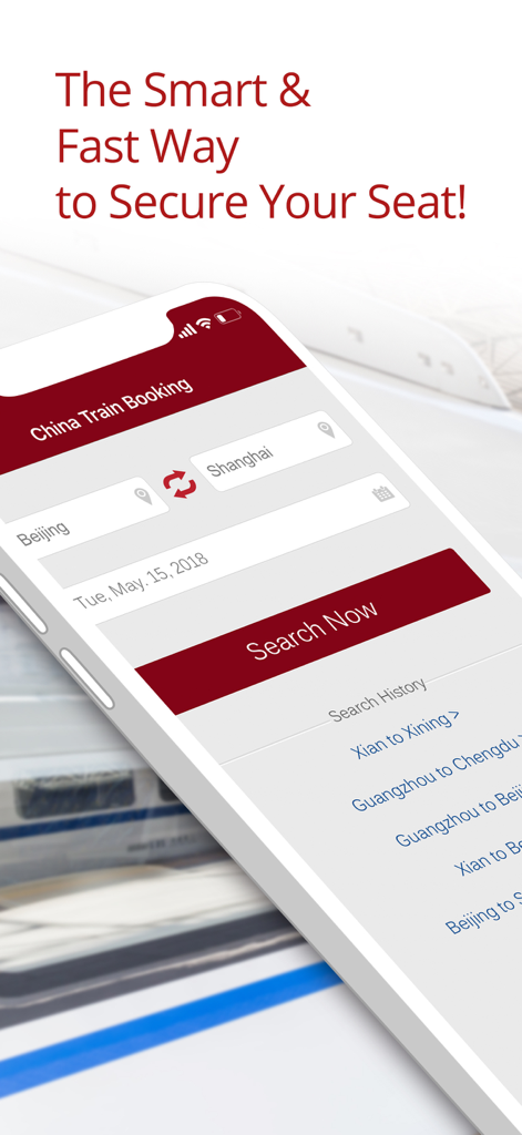 Search screen of the China Train Booking app showing routes between Beijing and Shanghai