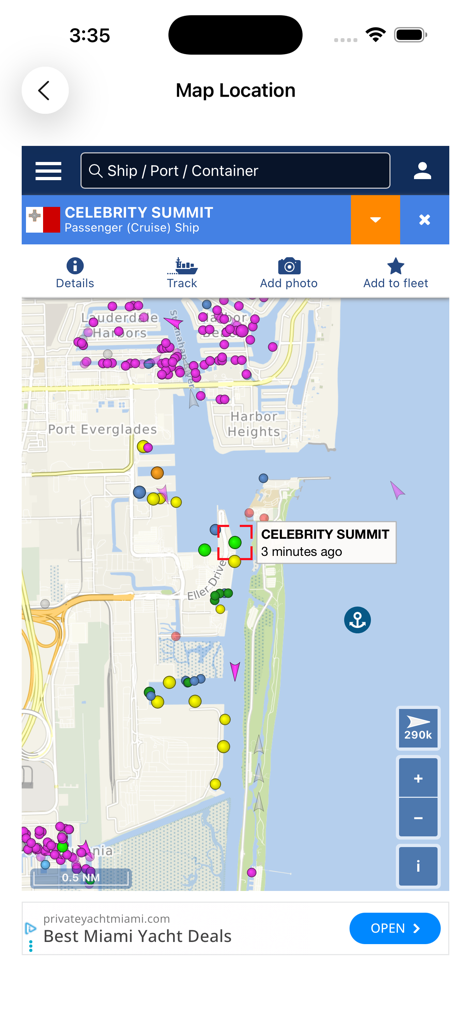 A live map view in the CruiseSchedule app showing the location of the Celebrity Summit cruise ship in Port Everglades.