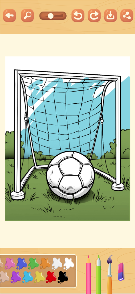 Paint magic soccer pages - Eine digitale Malvorlage eines Fußballs vor einem Tor mit einer Palette lebendiger Farben darunter