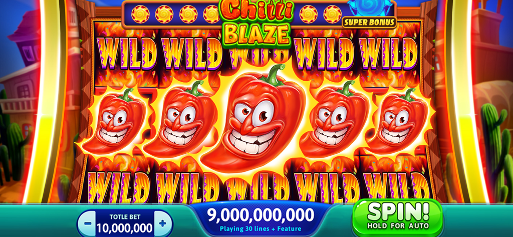 Vegas Party Casino Slots Game - A vibrant Chilli Blaze slot machine screen in Vegas Party Casino showing five red chili characters and wild bonuses.