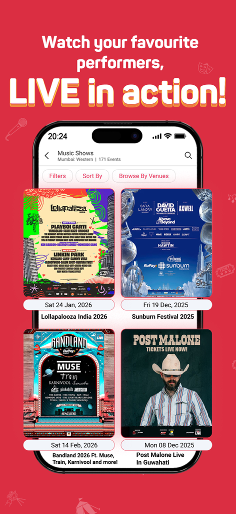 BookMyShow | Movies & Events - BookMyShow app interface showing live music event listings including Lollapalooza and Post Malone