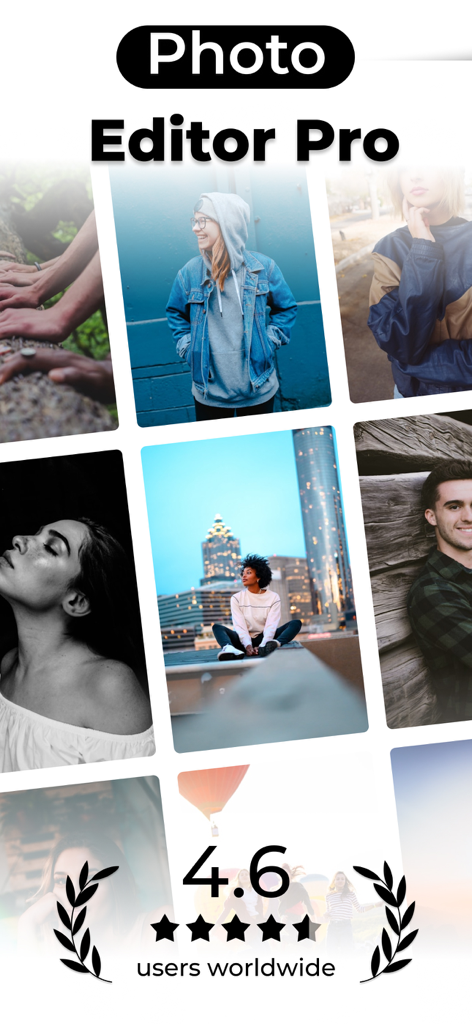 Photo Editor Pro app interface showcasing various photo styles and a 4.6 star user rating