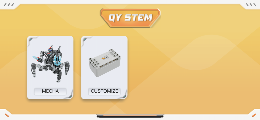 QY STEM - Interface principal do aplicativo QY STEM com opções de mecha e programação personalizadas para competições de robótica
