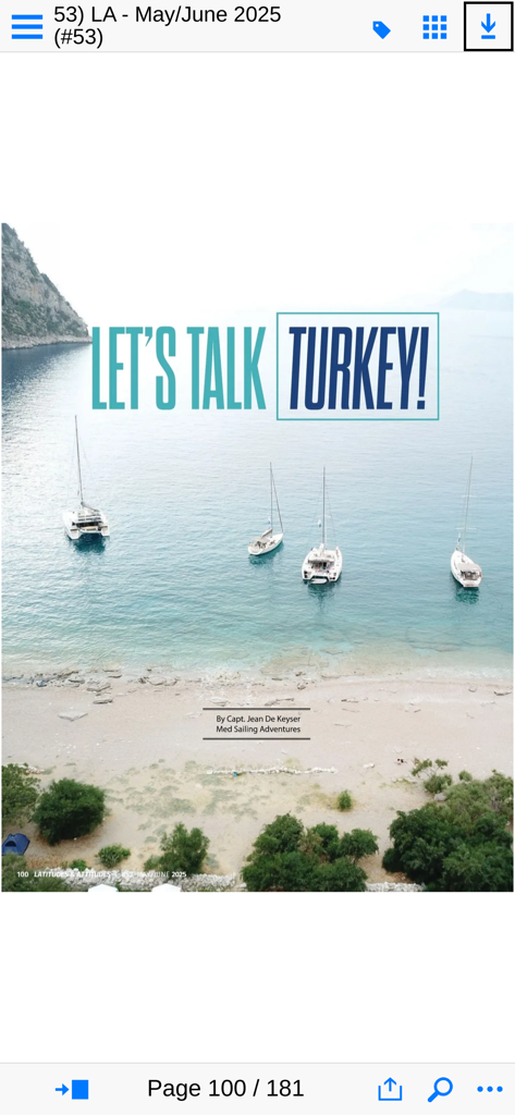 Latitudes & Attitudes Magazine - Digital magazine feature on sailing in Turkey with sailboats anchored in a scenic bay