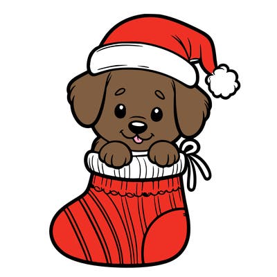 cute puppy wearing santa hat in socking