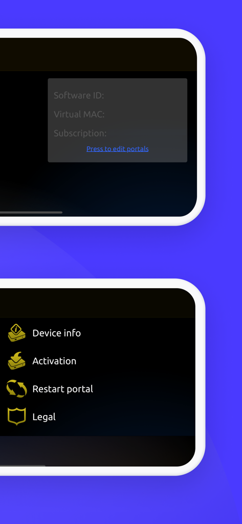 Smart STB - Smart STB app settings menu showing device info and activation options