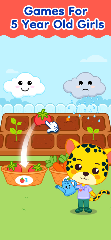 Kids & Toddler Learning Games - A leopard character picking tomatoes in an educational gardening game for toddlers