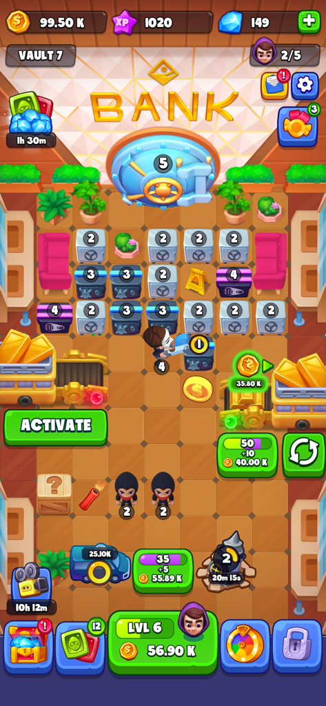 Merge Robbers: Idle Mining - Captura de pantalla del juego Merge Robbers que muestra a ladrones rompiendo cajas fuertes de bancos en una bóveda