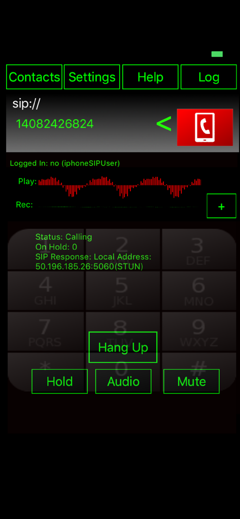 WeePhone SIP - Technical dialer interface of the WeePhone SIP app showing call status and network diagnostic information.
