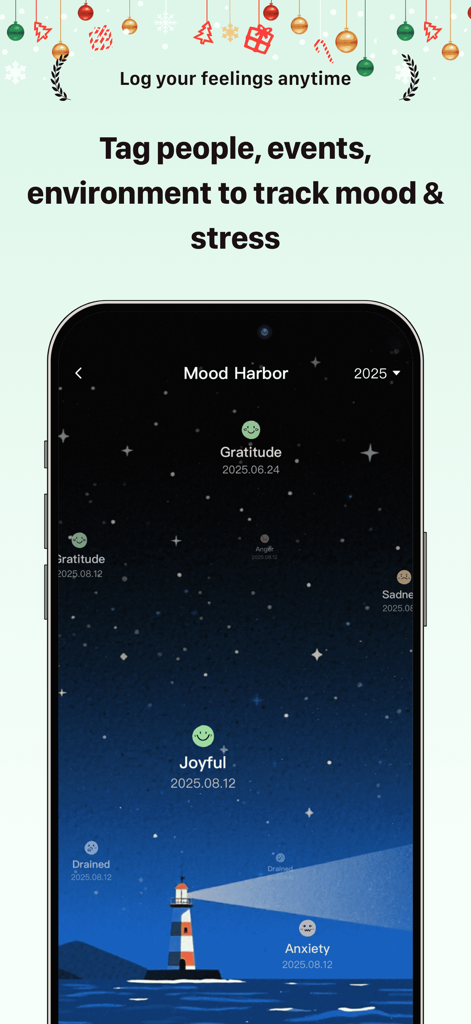 RelaxWatch: Stress&HRV Tracker - La interfaz Mood Harbor en la aplicación RelaxWatch muestra emociones registradas como gratitud y alegría sobre un fondo de cielo estrellado con un faro.