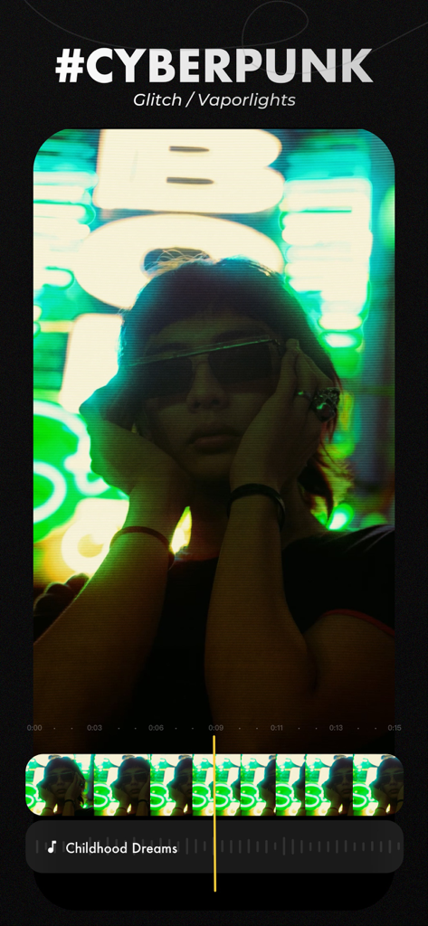 Salad Video -Video Editor - Salad Video editor interface showing a cyberpunk glitch filter on a video project