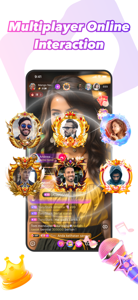 Mango Live 앱 인터페이스, VIP 프로필 프레임 및 라이브 채팅과 함께 멀티플레이어 온라인 상호 작용 표시