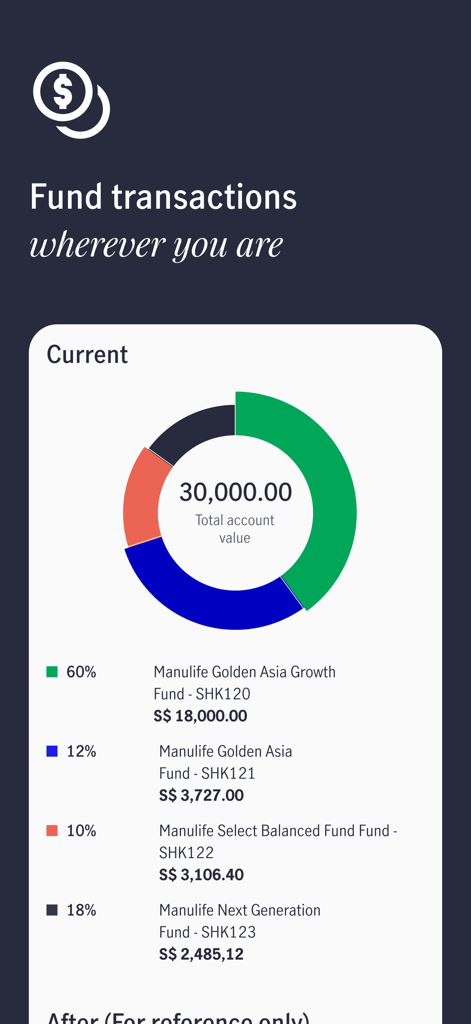 A mobile app screen for Manulife Singapore displaying a total account value of 30,000 dollars with a breakdown of fund investments in a donut chart.