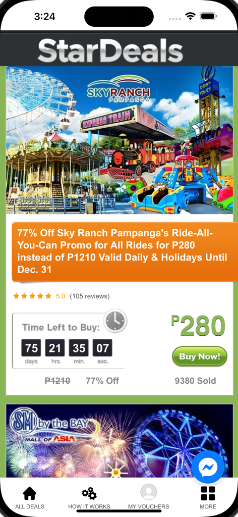 StarDeals mobile app showing a 77 percent discount on Sky Ranch Pampanga ride-all-you-can promo
