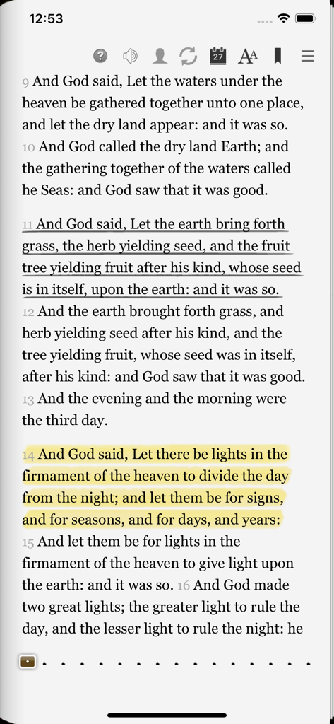 Mobile screen showing a Bible chapter with yellow highlights and underlined verses