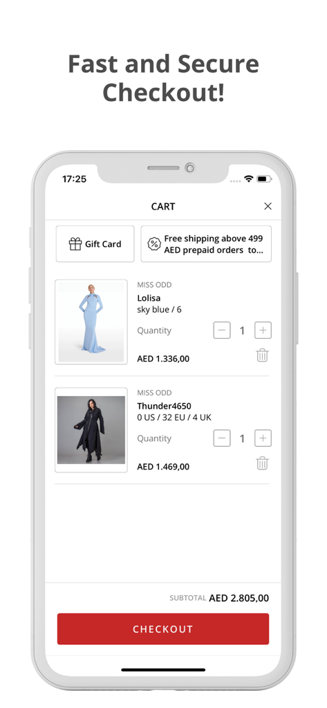 Miss Odd - Miss Odd app shopping cart interface showing selected clothing items and a red checkout button