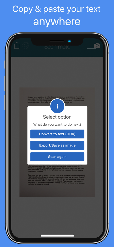 Text Grabber: Image to text - An iPhone screen displaying a document scan with a menu to convert to text using OCR or export as an image.