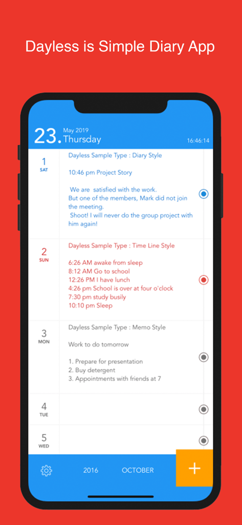 Dayless - Simple Diary App - Interface of Dayless Simple Diary App showing daily logs and entry styles