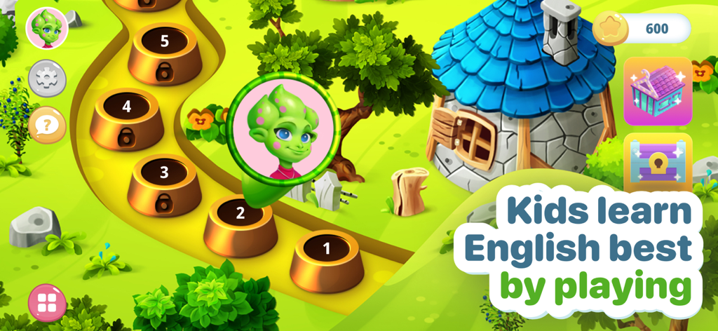 Plingo: English - A colorful game map for kids learning English with numbered levels and a green character avatar