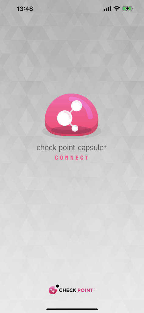 Tela inicial do aplicativo Check Point Capsule Connect com o logotipo da bolha rosa e marca empresarial em um fundo geométrico cinza.