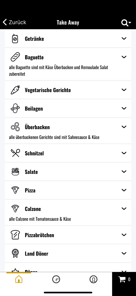 Cava - Pantalla de aplicación móvil que muestra un menú de comida para llevar con categorías como bebidas, baguettes, ensaladas y pizza.