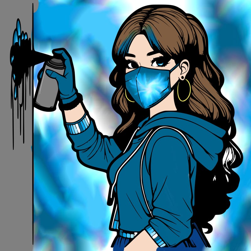 realistic girl with mask spray painting a wall