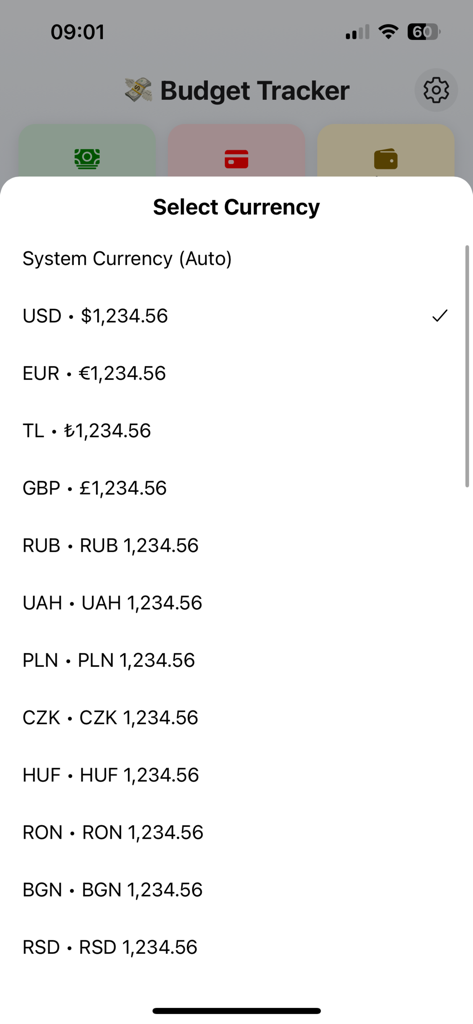 SmartBudget Pro - Multi-currency selection menu in SmartBudget Pro budget tracker app