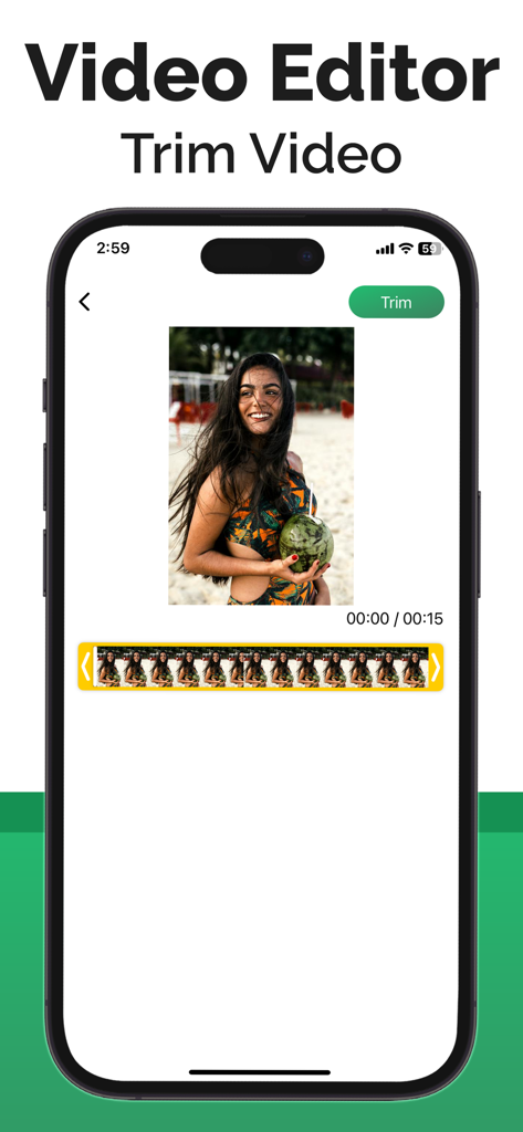 Video Downloader - Download - ビデオダウンローダーアプリ内でビデオをトリミングするためのビデオエディタインターフェースを表示するiPhone画面