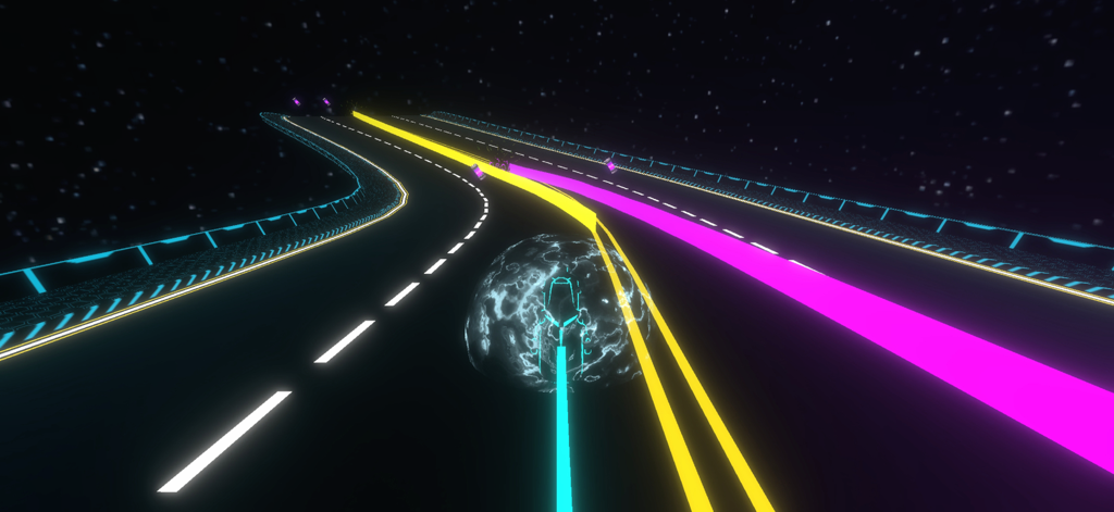 Una moto de luz cian con un escudo protector compitiendo en una pista de neón en el espacio