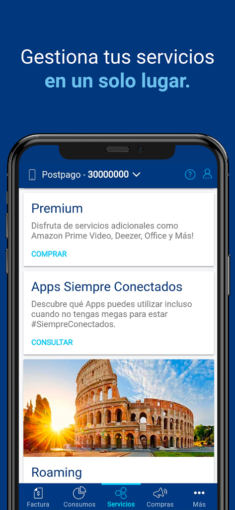 Tigo en Línea - Interfaz de la aplicación Tigo en Línea mostrando opciones de gestión de servicios móviles y residenciales