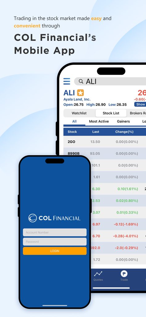 COL Mobile - COL Mobile app interface showing the login screen and Philippine stock market quotes for Ayala Land