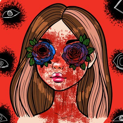 a realistic girl with roses for eyes