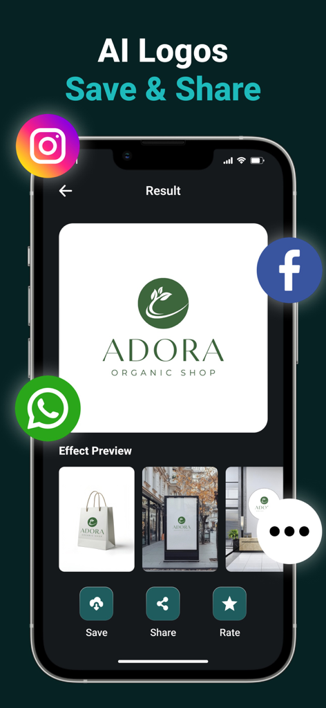 AI Logo Maker - AI Logo Design - KI Logo Maker App-Bildschirm, der ein Geschäftslogo-Design mit realen Mockups und Optionen zum Teilen in sozialen Medien zeigt