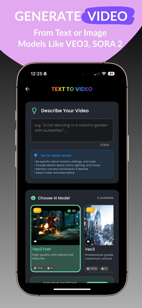 Banana Studio: AI Photo Edit - Interfaz de la aplicación móvil para generar videos de IA a partir de texto usando Banana Studio con selección avanzada de modelos de IA.