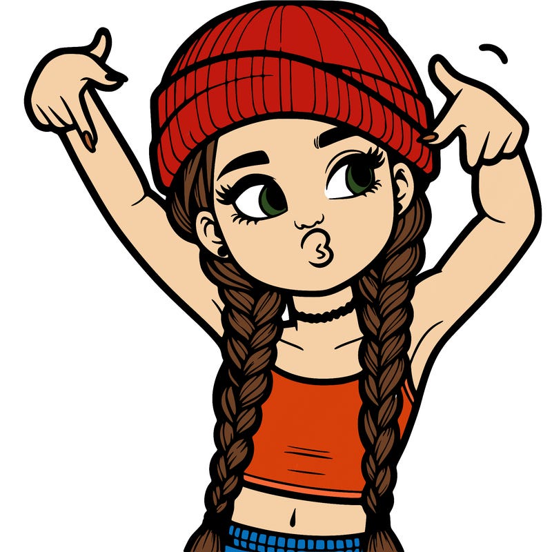 realistic teenage girl with braids and a beanie and crop top doing 🫶🏼