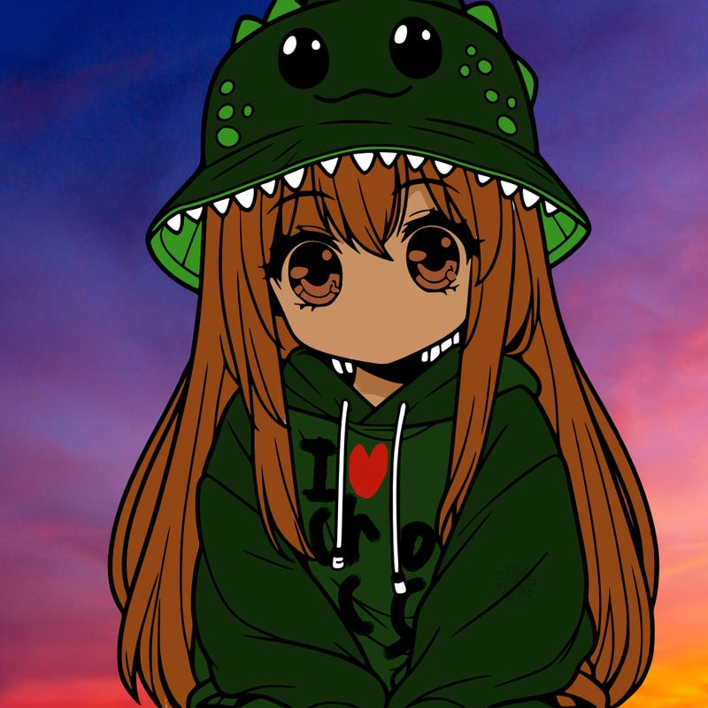 girl with anime shaped eyes with a dinosaur bucket hat oversized sweatshirt long straight hair