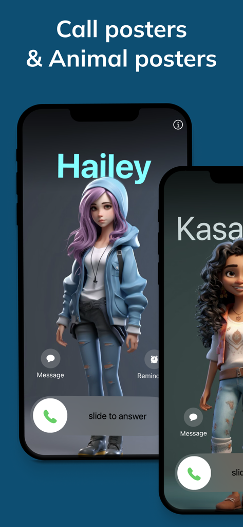 PosterFy: Caller Art - Two iPhones showing custom animated caller art and contact posters from the PosterFy app