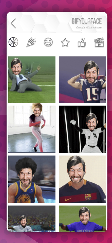 A collection of face swap gif templates showing a man's face in various sports and dance scenarios