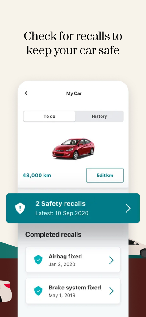 Intact Insurance: Mobile app - Intact Insuranceモバイルアプリ画面。車の安全リコール通知と完了したメンテナンス履歴が表示されています。