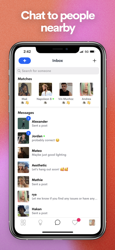 Collective: LGBTQ+ friends - Pantalla de bandeja de entrada de la app Collective mostrando una lista de coincidencias y mensajes de chat de la comunidad LGBTQ+.